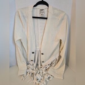 Vocal USA Women's Medium Ivory Fringe Long Sleeve Cardigan W/ Laced Up Back